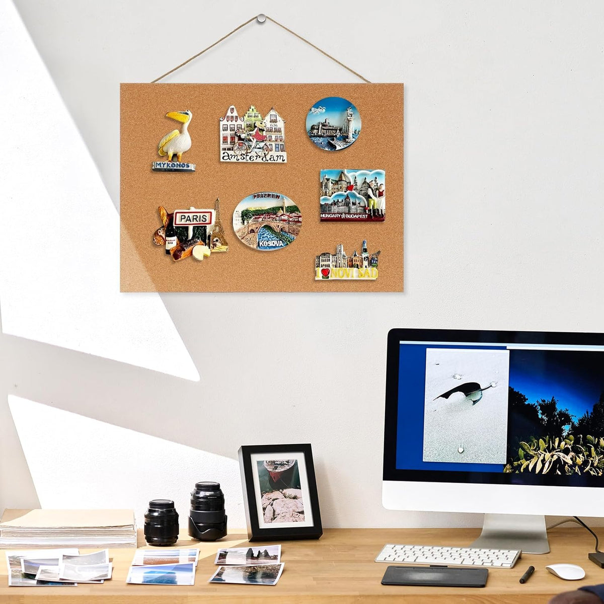 DOLLAR BOSS Magnetic Cork Board, 16" x 12" Small Cork Bulletin Board 0.7" Thick Frameless Corkboards for Walls Pin Notice Board with 8 Magnets 10 Pushpins for Home Office Kitchen School Decor Display