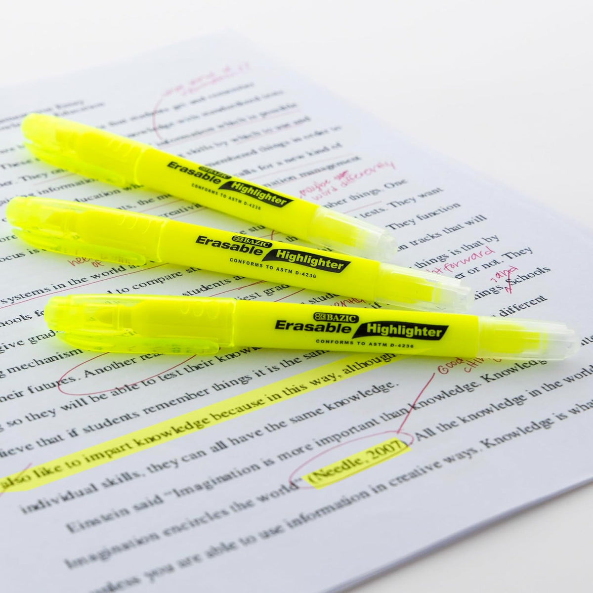 BAZIC Erasable Highlighter, Chisel Broad Line Fine Point Highlighters, Unscented Assorted Color Highlighting Coloring Erase Marker (3/Pack), 24-Packs