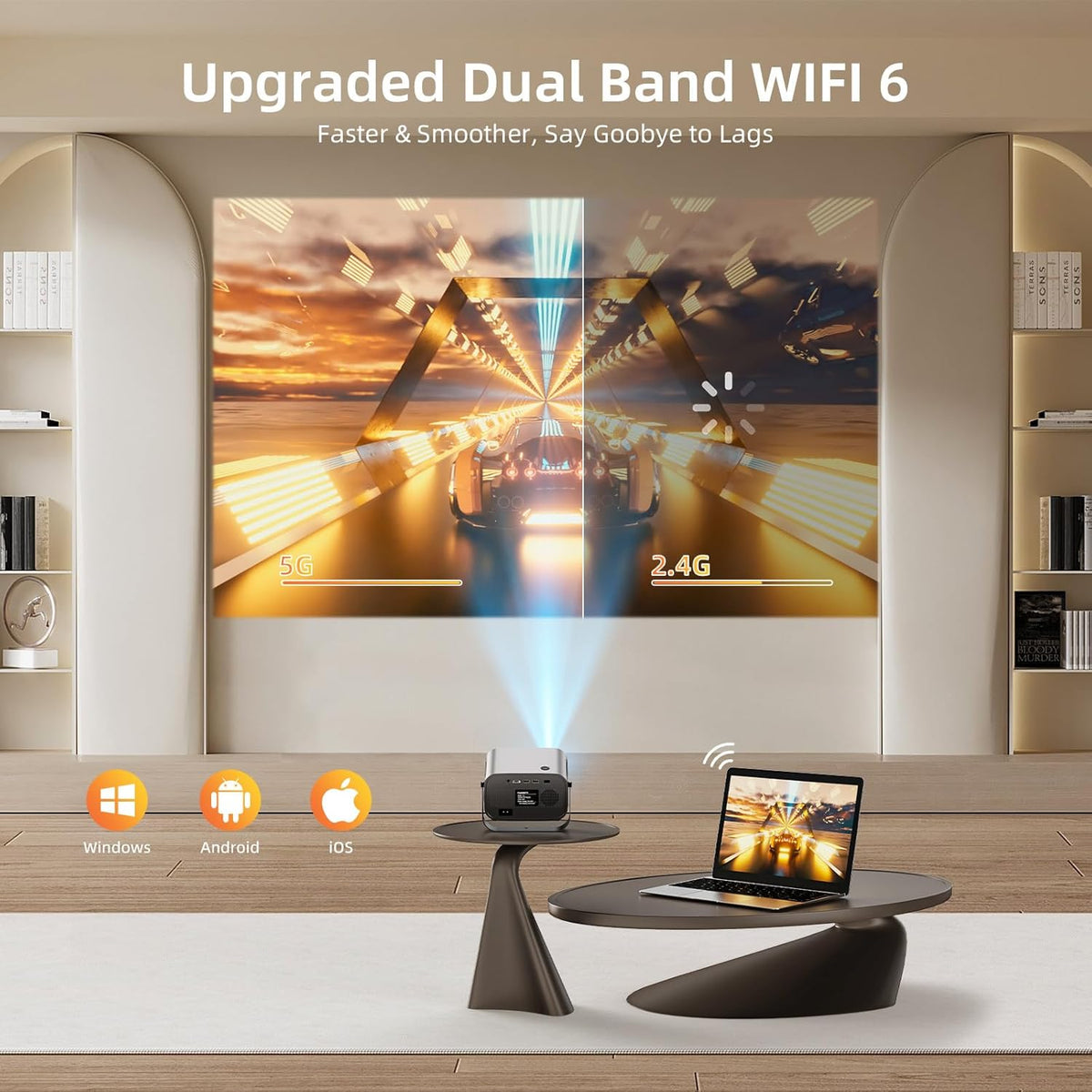 Smart Projector with WIFI and Bluetooth, 800ANSI Native 1080P Portable Projector Built-in Apps, Auto Keystone & Electric Focus Movie Projector for Home Theater, Compatible with IOS/Android/HD