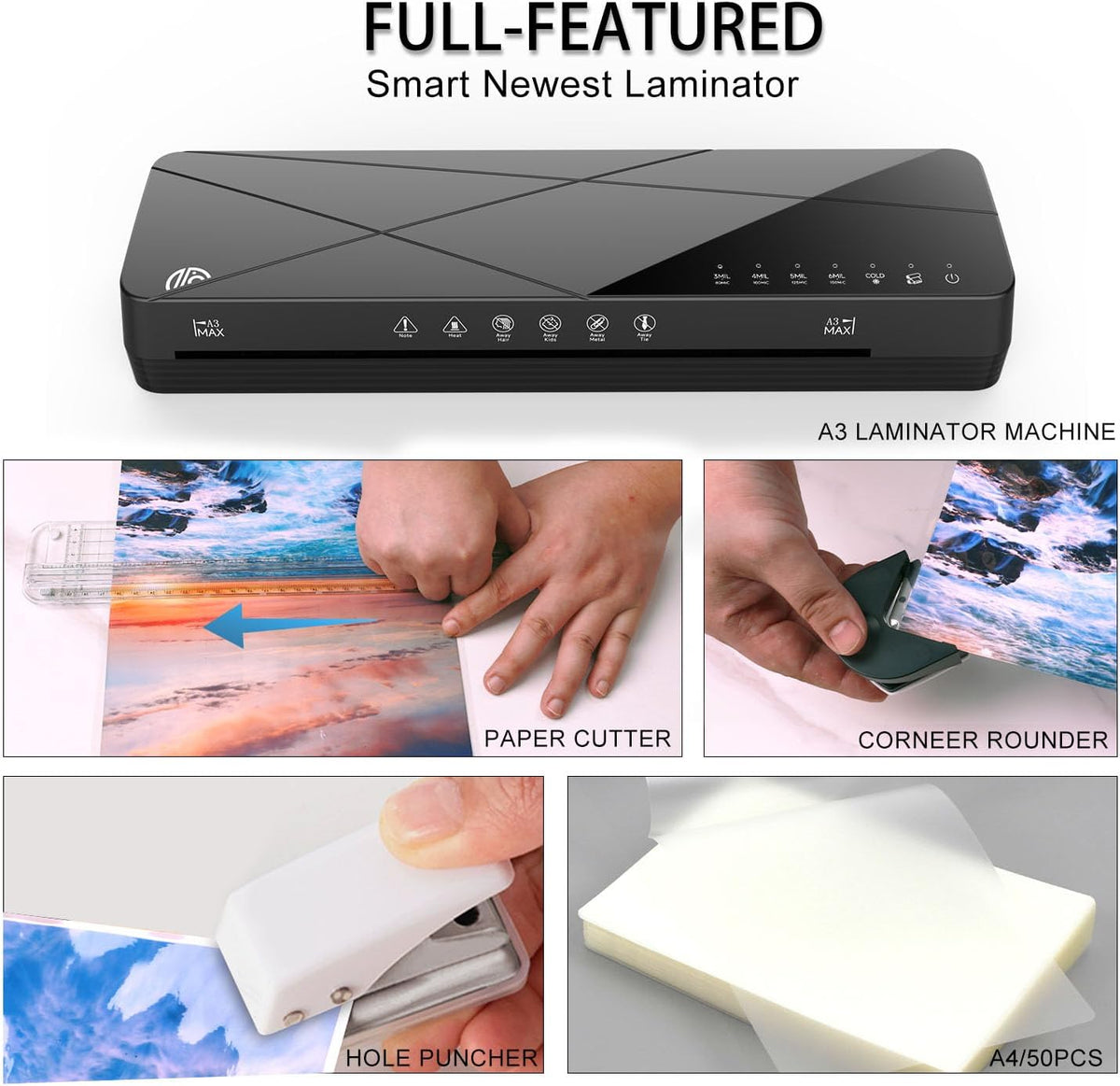 Crenova Laminator Machine 13 inch, Laminating Machine with 50 Laminating Sheets 60s Quick Warm Up Auto-Off, 6 in1 Lamination Machine ABS Jam Free for Home Office School, Black