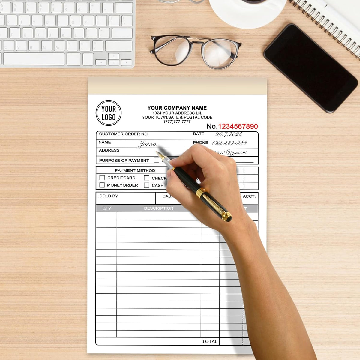 Custom Invoice Book for Small Business,5.5 x 8.5 Inches Invoice Receipt Book, 2-Part Carbonless Forms, Personalized Company Name, Address, Phone Number