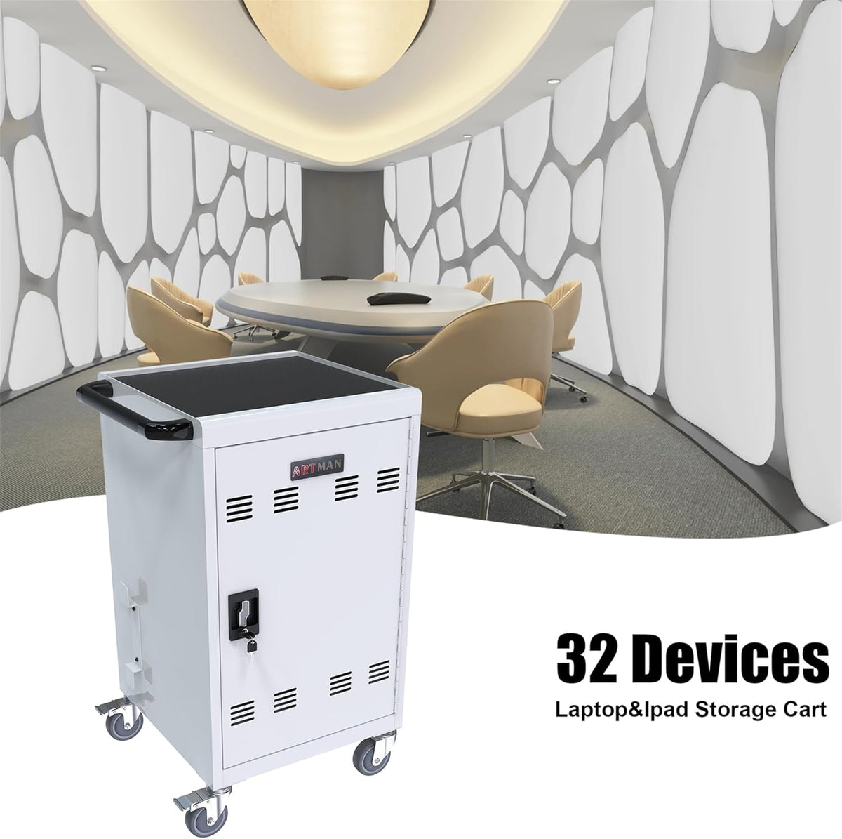 30-Device Mobile Charging Cart & Cabinet, Laptop & Tablet Storage, Lockable Station, Up to 17" Screens, White