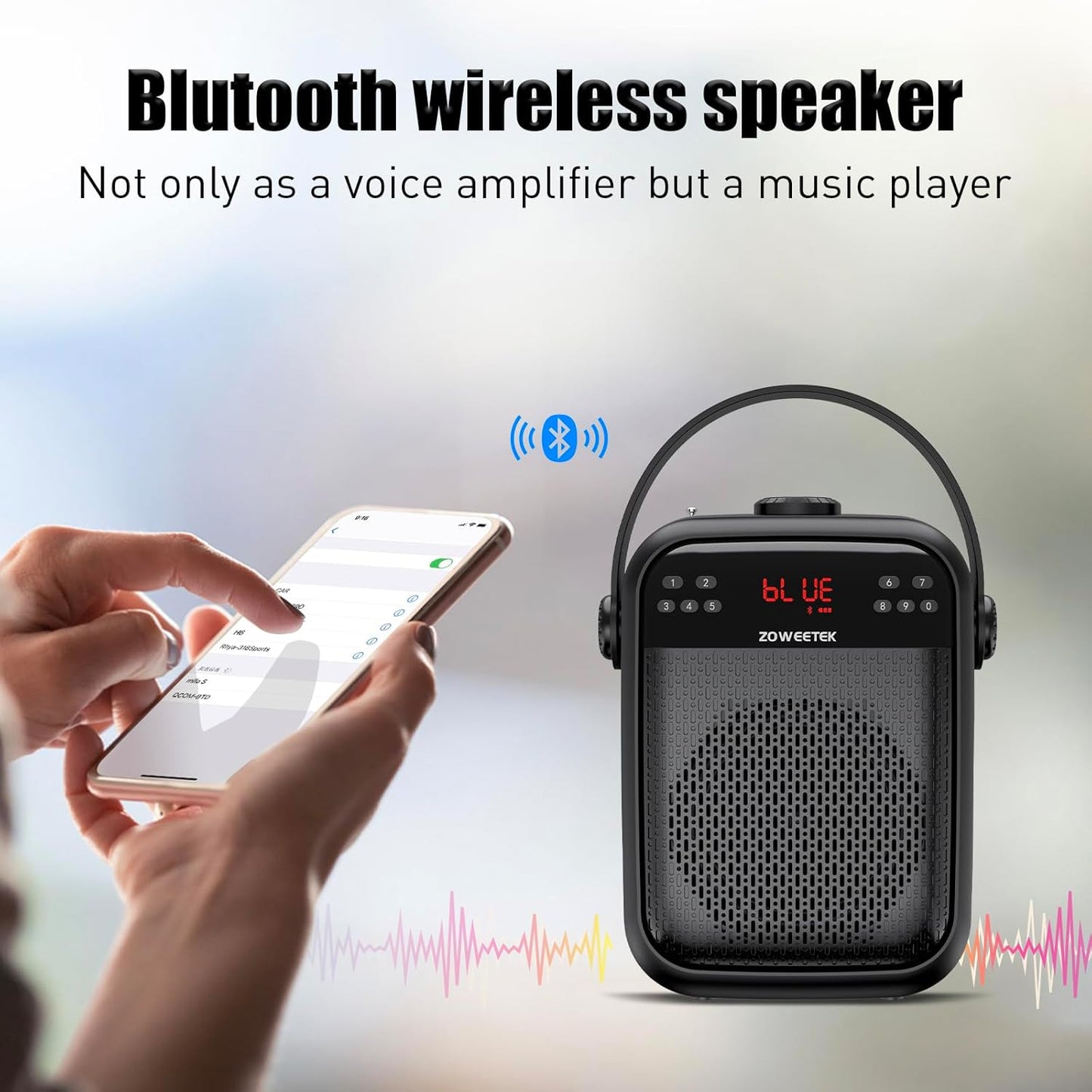 ZOWEETEK Voice Amplifier with Wireless Microphone Handheld, Wireless Voice Amplifier for Teachers, Buletooth PA System Speaker and microphone,Portable Megaphone for Classroom, Speech,Karaoke,Outdoor