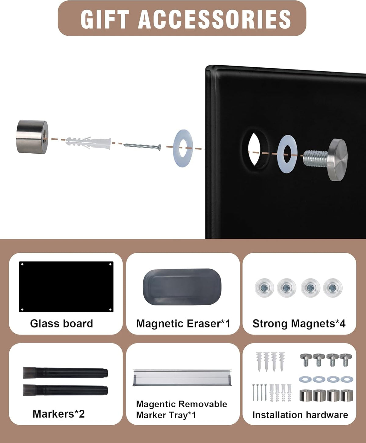 Magnetic Glass Whiteboard,24"x18" Wall Mounted Frameless Dry Erase Board for Office, Home & School Black