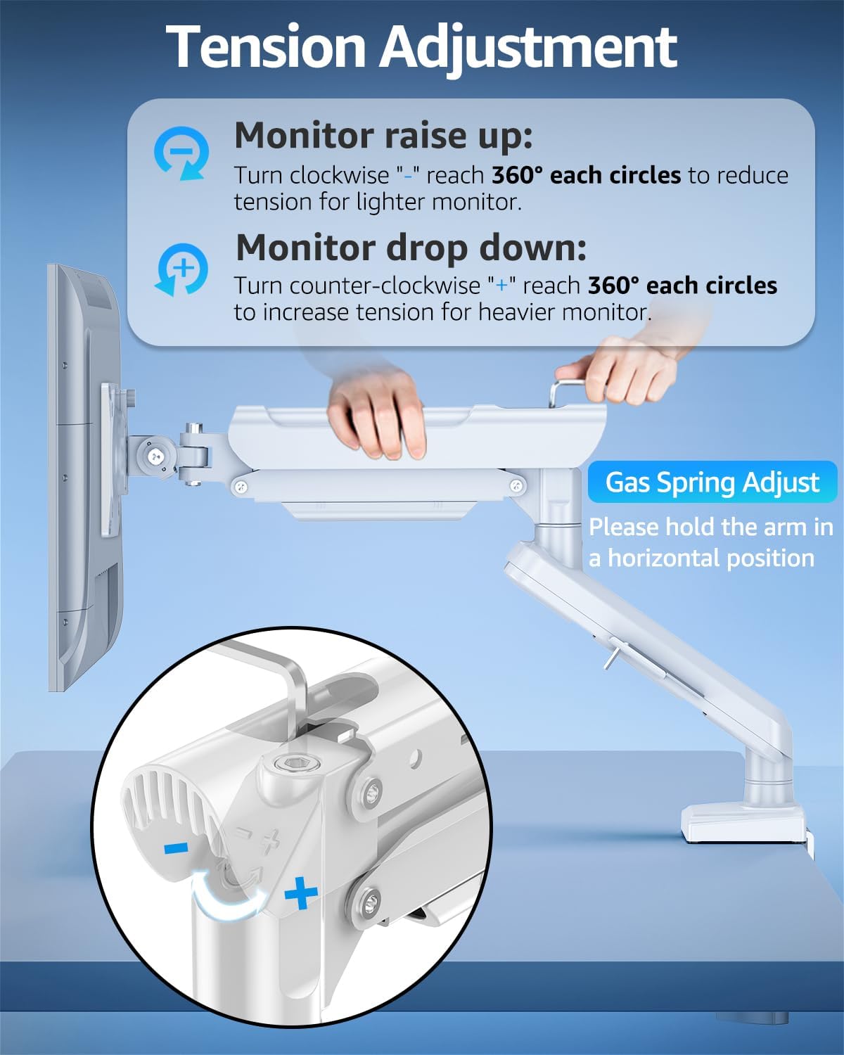 Single Monitor Mount for 32 27 24 22 inch Screen, Gas Spring Arm Holds 4.4-22 lbs, Monitor Desk Mount, Gaming & Home Office Use, VESA 75x75mm & 100x100mm, Freelift Pro White