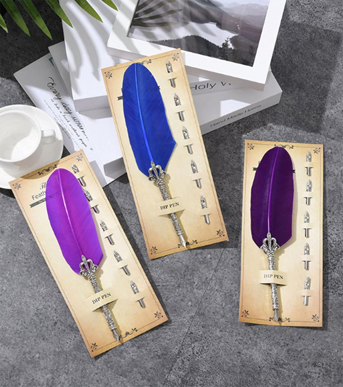 Gullor Calligraphy Feather Quill Pen and 5 Calligraphy Nibs for Beginners Kids Calligraphy Writing Quill Dip Pen Set, Blue