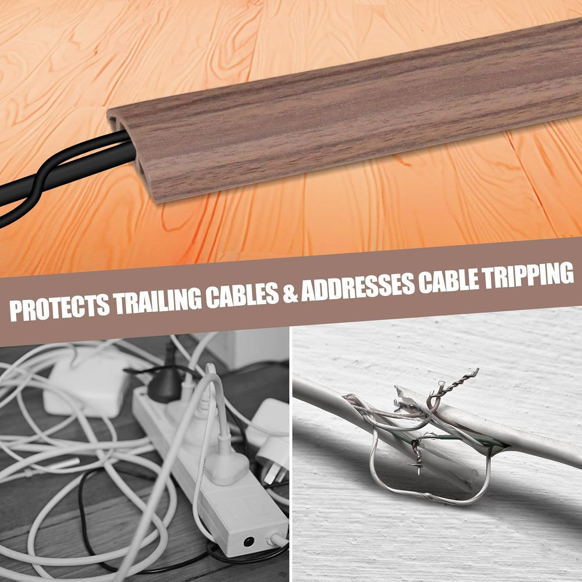 Floor Cord Cover Self Adhesive Cord Hider,3.3FT Cable Management, Extension Strip Protector for Wires, Prevent Cable Trips for Offices, Gyms, Exhibitions Cavity:0.51"(W) x 0.3"(H) Wood Walnut