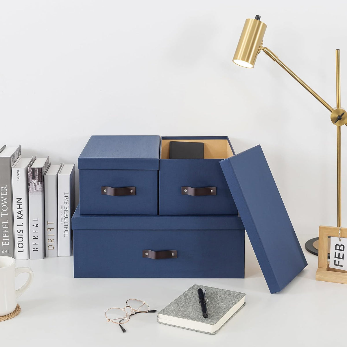 Soul & Lane Decorative Storage Boxes with Lids - Set of 3 (One Large and Two Medium), Sturdy Cardboard Organizers for Photos, Versatile Boxes with Handles for Office & Home, Navy