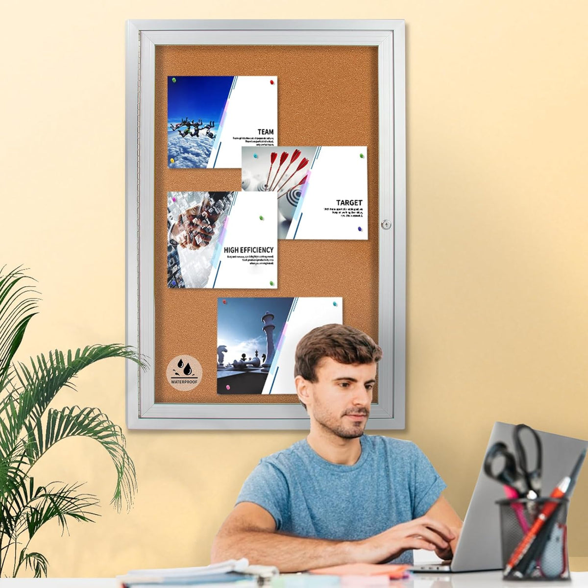 Lockable Outdoor Enclosed Bulletin Board, Weatherproof Cork Noticeboard with Locking Door, Wall-Mounted Aluminum Framed Display Case for Messages,36x24in (5xA4)