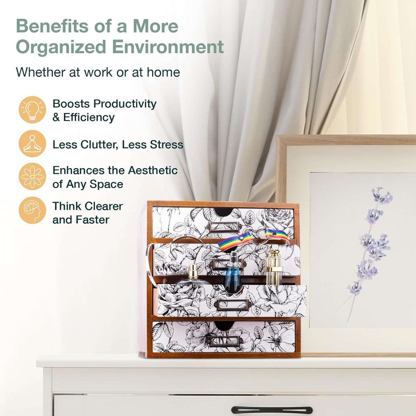 Vintage Desk Organizer with 4 Black & White Floral Drawers - Wooden Storage Shelf Drawer for Tabletop - Wood Desktop Organizing Box Cabinet - Black & White Monochrome Botanical Toile de Jouy