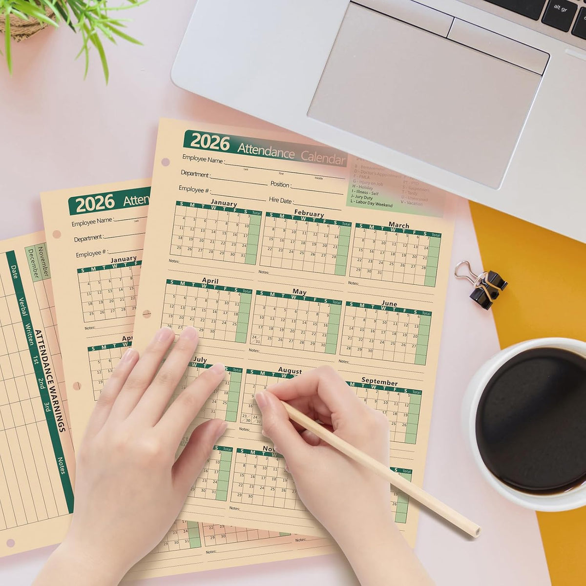 2026 Attendance Calendar Employee Work Tracker Attendance Calendar Cards - 8.5 X 11 Inches Durable and Thick Cardstock/25 Sheets per Pack (Green)