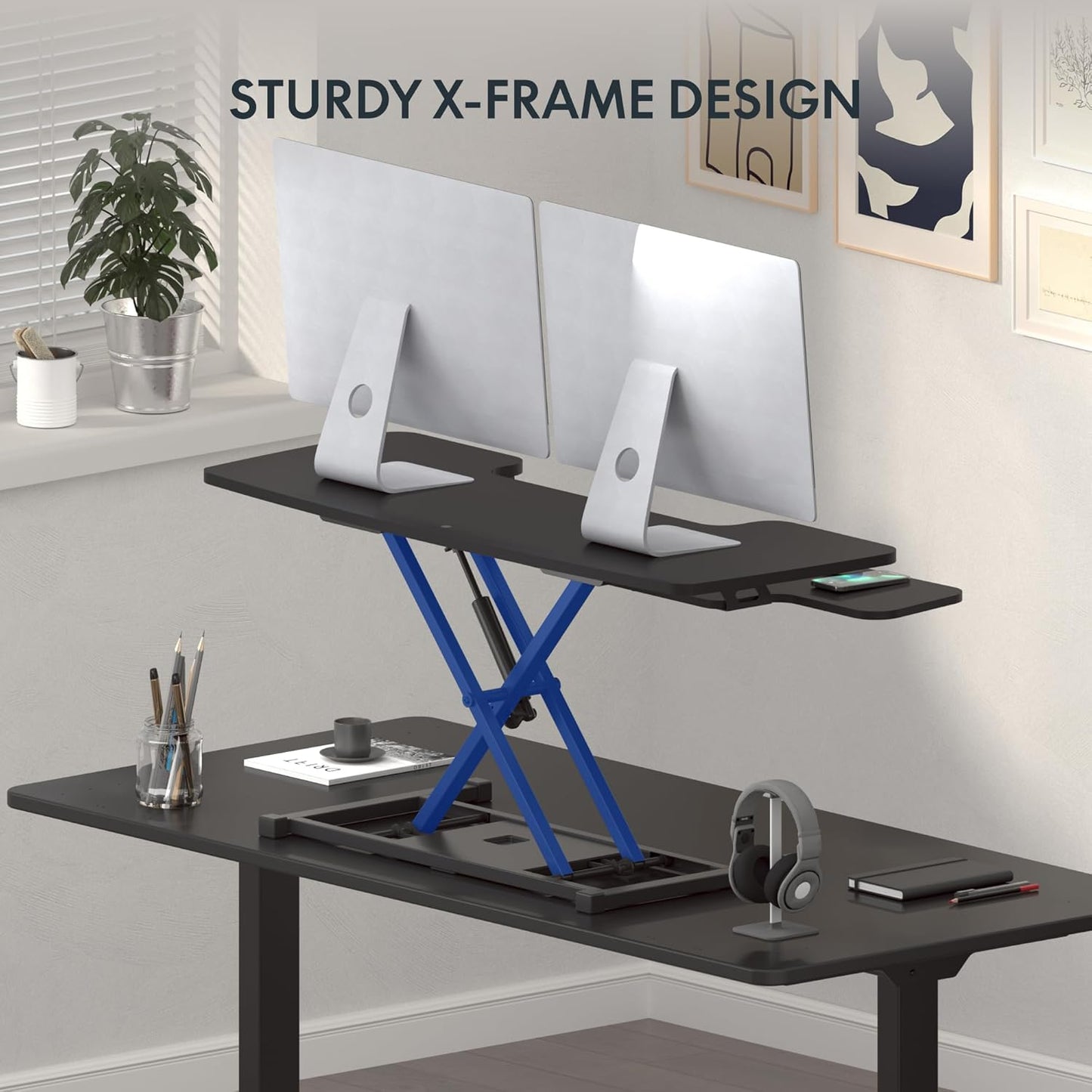 FLEXISPOT Standing Desk Converter 42-inch Spacious Sit to Stand up Dual Monitor and Laptop Riser, Big Size Tabletop Workstation with Large Keyboard Tray, Black