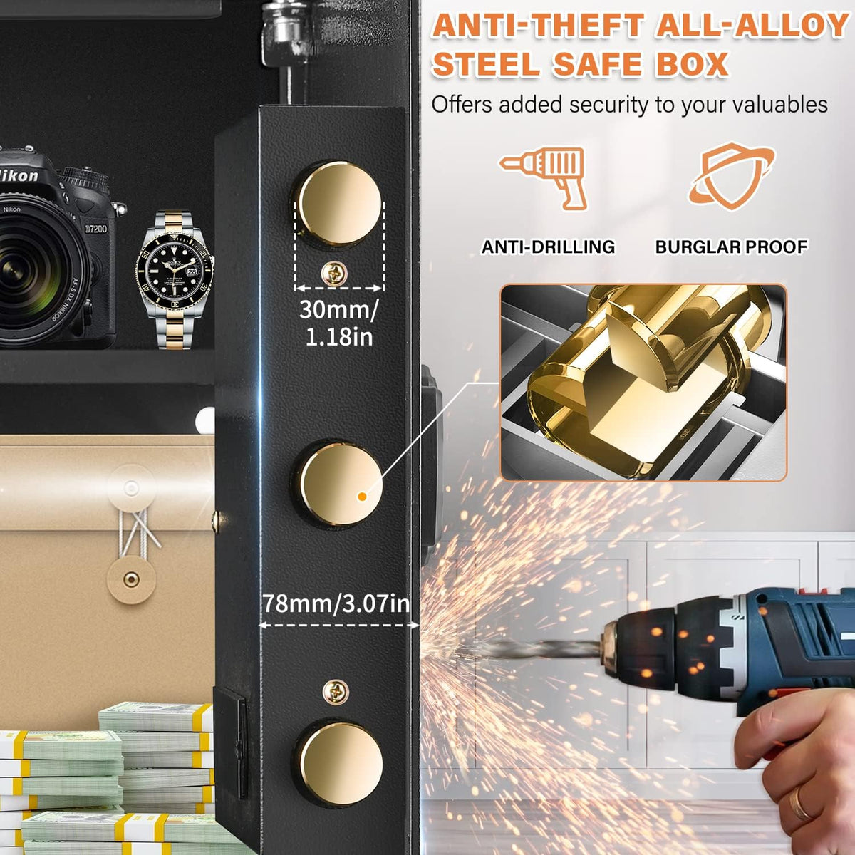 2.4 Cubic Large Fireproof Safe Box with Fireproof Document Bag, Personal Security Home Safe with Removable Shelf, Anti-Theft Lock Box for Documents Money Jewelry Valuables