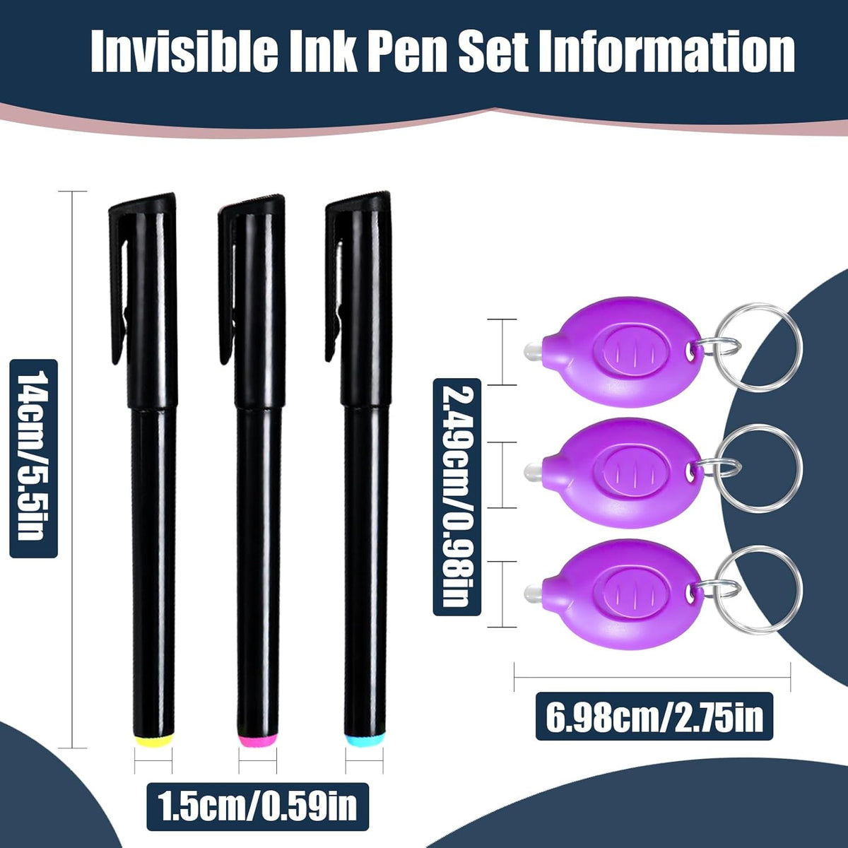 Invisible Ink Pens with UV Light, Magic Spy Pens with Mini UV LED Keychain Flashlights for Secret Messages, Disappearing Ink Pens with Black Light for Kids, Ideal (3PCS)