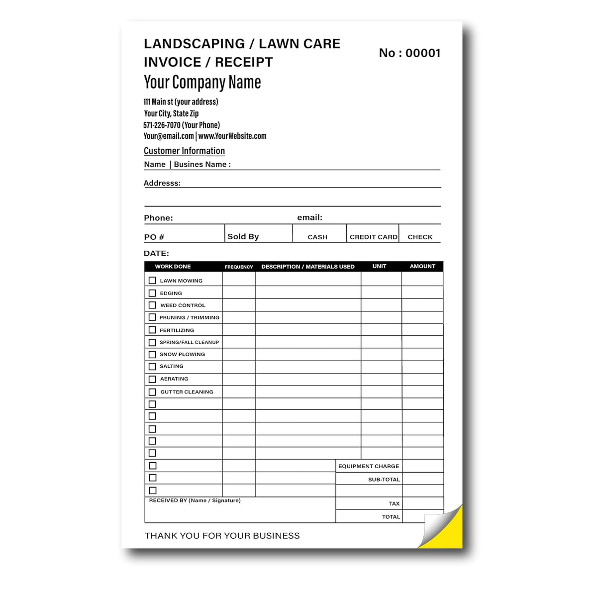 Lawn Care Invoice Form Custom Printed with Your Company Information - Personalized Landscaping Ticket - Invoice Receipt - Carbonless 2 PART NCR form