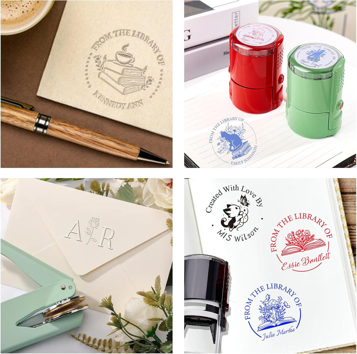 Personalized Book Embosser Stamp with Handle Set, Custom Self-Inking Library Stamp with Name & Design, Elegant Invitation Seal from Library Stamp Kit, Birthday, Book Lover Gifts(Books & Coffee)