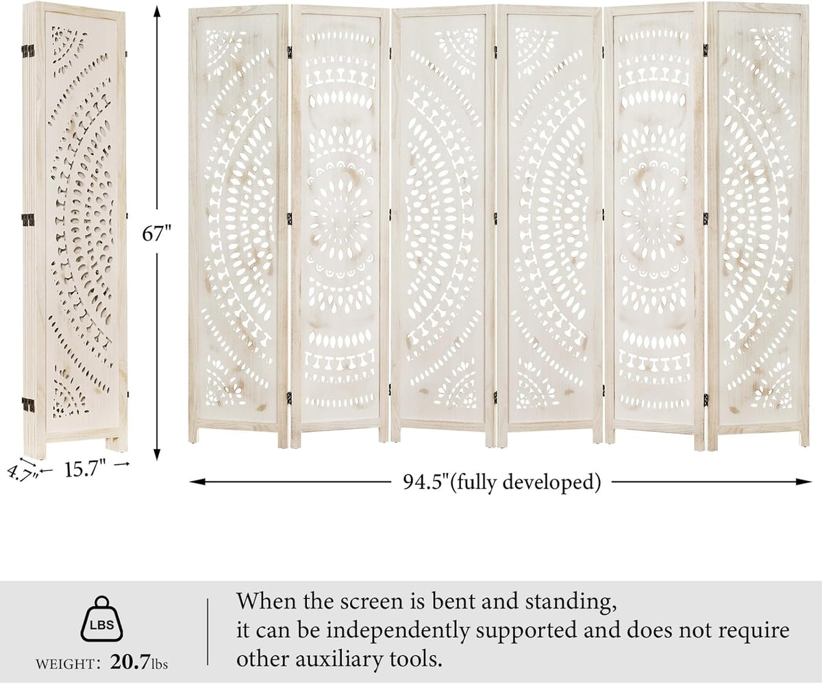 66.9Inch Folding Room Divider, 6 Panels Wood Carved Privacy Screens, Free Assembled Freestanding Partition for Home Office Restaurant Bedroom (White-Washed)