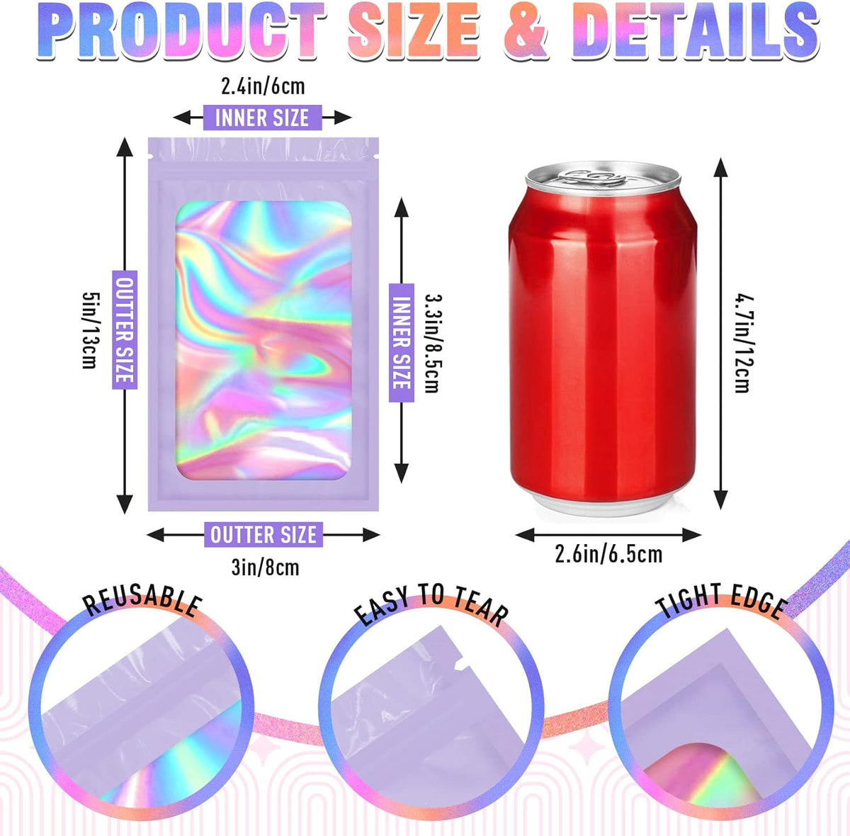 Mylar Bags, 100 PCS Packaging Bags, Smell Proof Bag with Clear Window, Resealable Bag Purple (3x5 Inch)