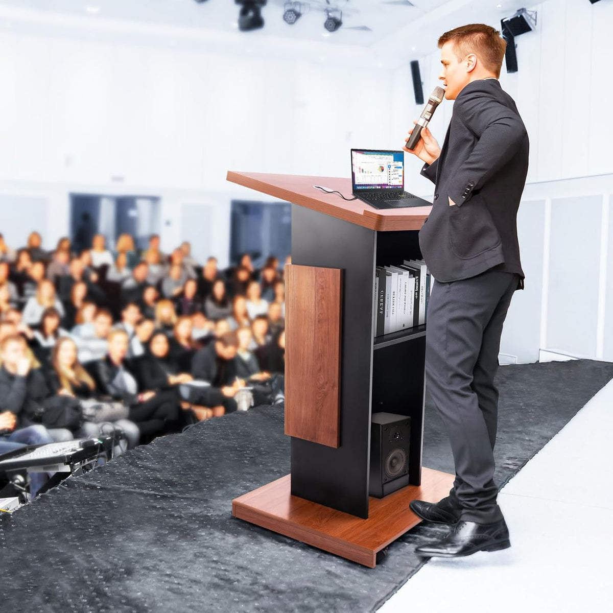 47"Portable Wooden Podium, Wood Speaking Lectern Stand, Reserved Wire Hole, Lockable Wheels, Design with Storage, Standing Pulpit for Church Office School Home Conference Restaurant Meeting