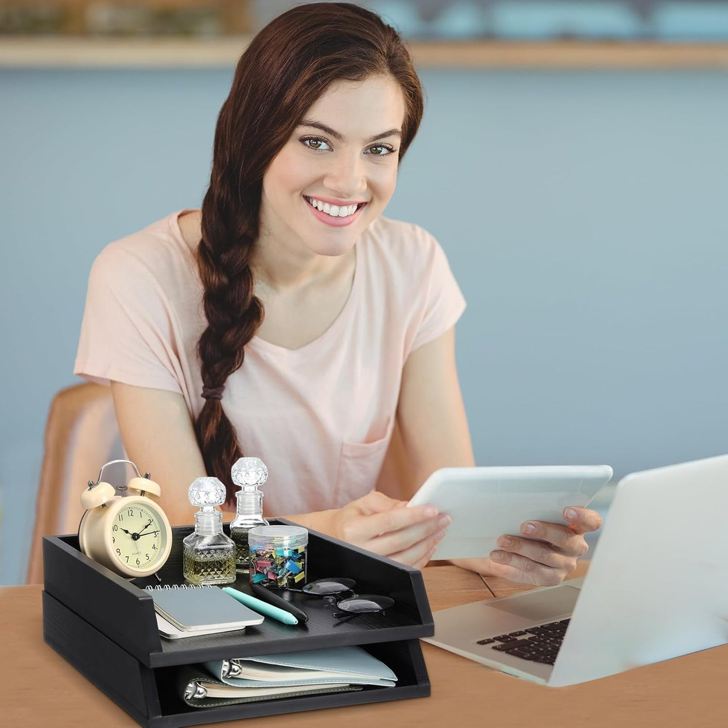 2 Pcs Wooden Letter Trays Wood Letter-Size Desk Organizer Heavy Duty 2 Tier Stackable Supports Paper Tray Desktop Drawer Organizer File Folder Magazine Office Accessories (Black)