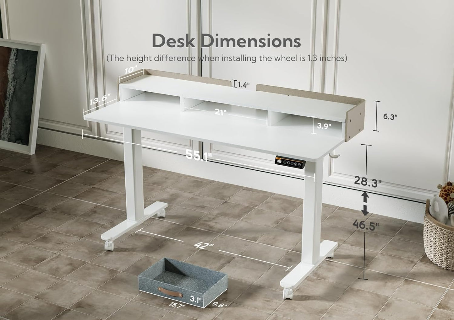 Claiks Standing Desk with Drawers, Stand Up Electric Standing Desk Adjustable Height with Storage Shelf and Splice Board, 55 Inch, White