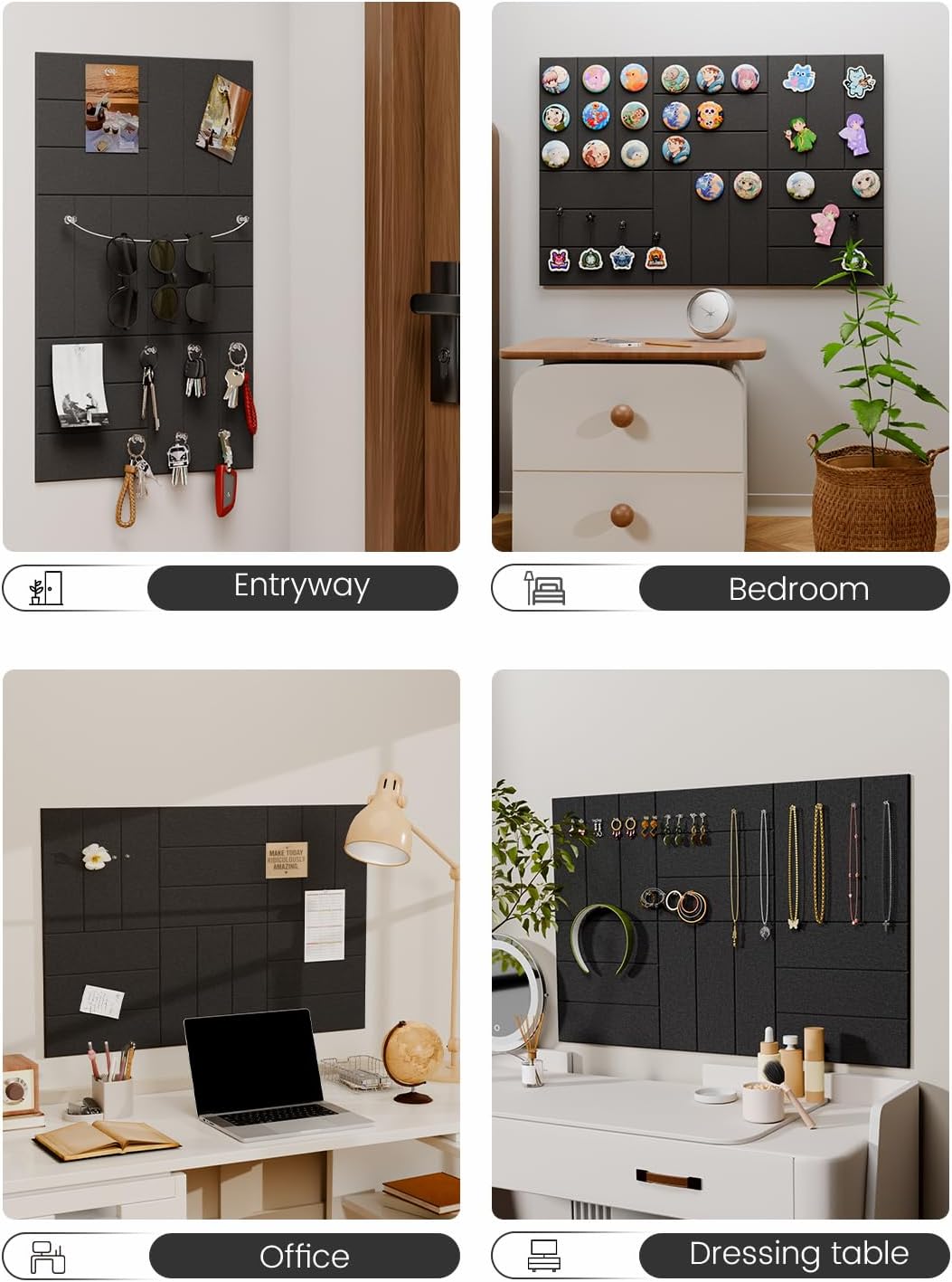 Felt Bulletin Board Tiles -28"x18" with 40 Adhesive Tabs, Cork Board Alternative for Office Decor, Push Pin Board Wall Organizer 6-Pack(Black)
