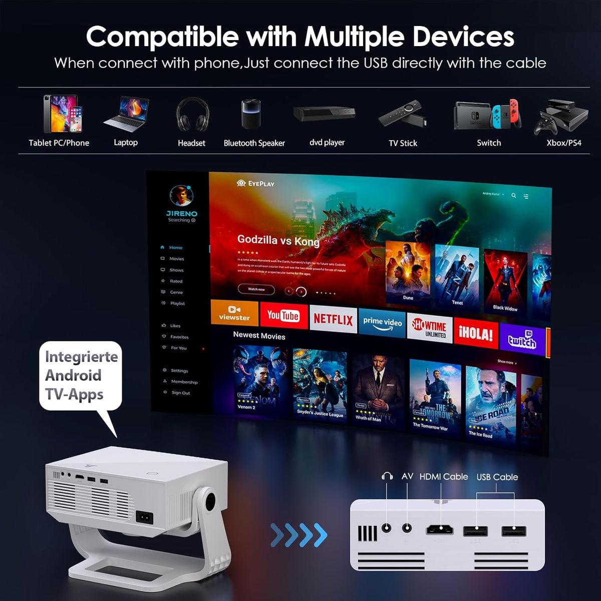 Projector with WiFi and Bluetooth, 1000+ Apps Installed, Electronic Focus & Auto Keystone, Low Fan Noise, Zoom, Native 1080P 4K Support Portable Mini Video Projector Outdoor Indoor