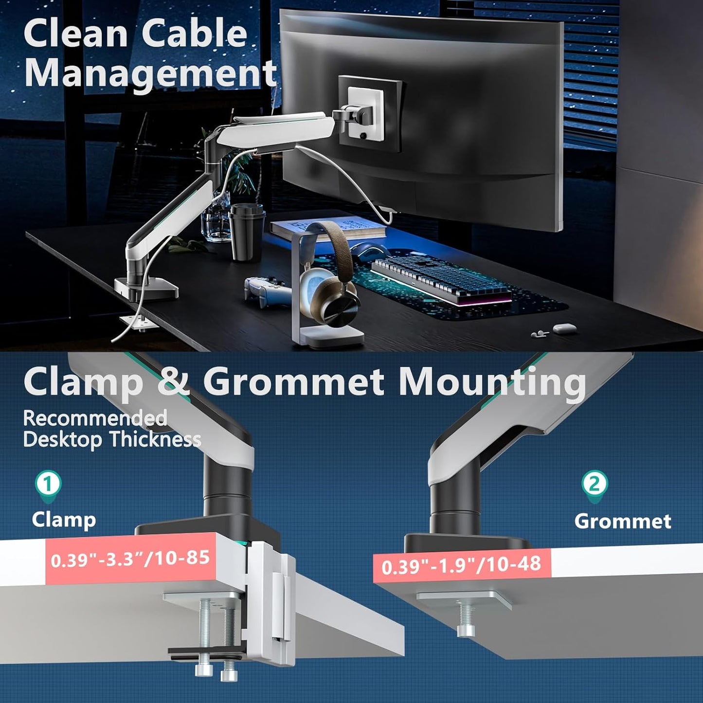 WALI Heavy Duty Monitor Arm, Monitor Stand for Screen up to 49 inch, 44 lbs, Aluminum Ultrawide Computer Mount for Samsung Odyssey G9, Adjustable, Mounting Holes 75 and 100 (GAM001XL), White