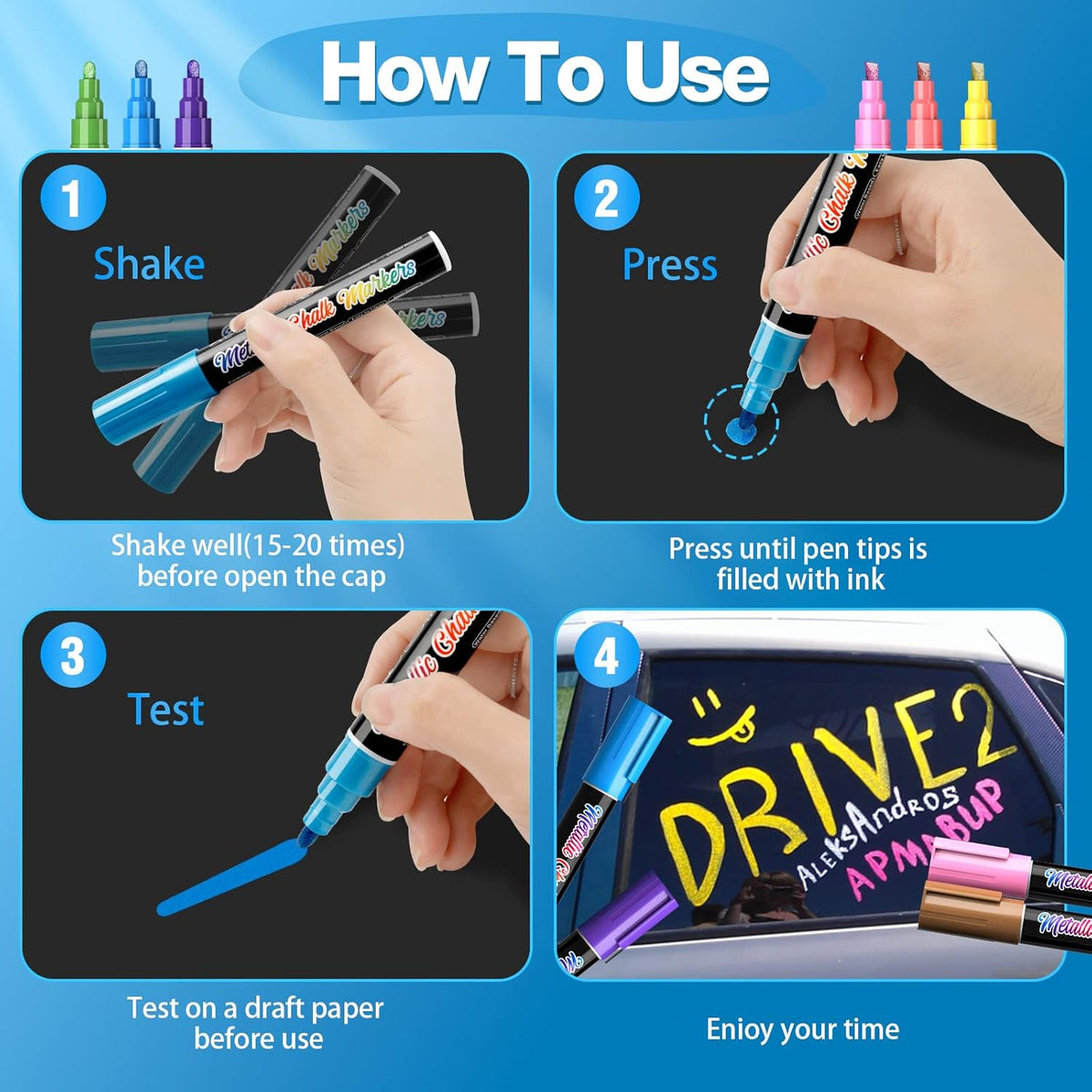 Metallic Liquid Chalk Markers for Chalkboard -10 Colors Wet Erase Window Marker Pens with 6mm Reversible Bullet & Chisel Tip for Glass, Calendar Boards, Car Decorations, Auto, Bistro, Mirror, Business