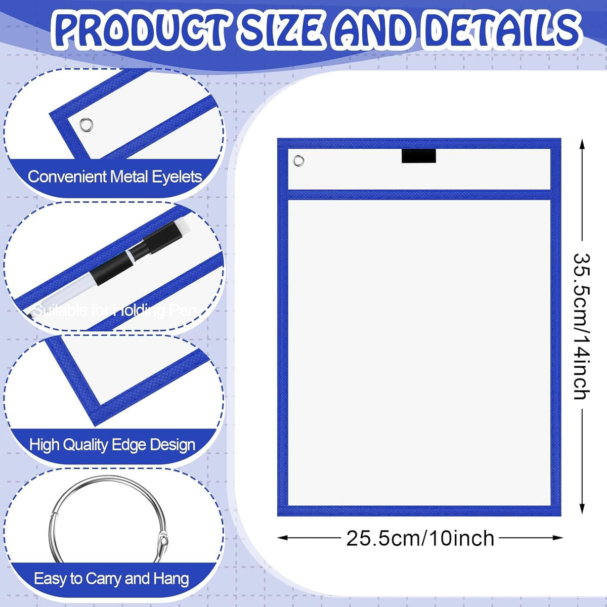 Teling 150 Pcs Dry Erase Pockets Bulk Reusable Job Ticket Holders Clear Plastic Sleeve Protector Work Order Sleeve Shop Ticket Holder for Welcome Teacher Back Office Supplies(10 x 14'',Black Blue)
