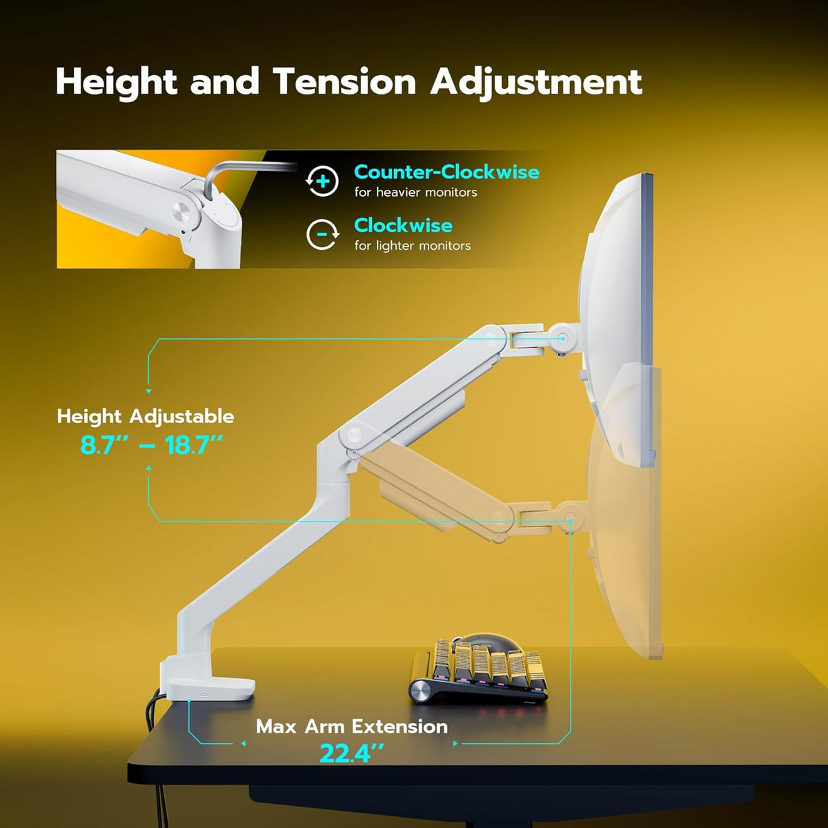ARES WING Single Ultrawide Monitor Mount with USB A/C, Heavy Duty Monitor Arm for 17 to 49 inch Screen, Holds 44 lbs, Adjustable Gas Spring Arm Desk Mount with Clamp and Grommet Base, White