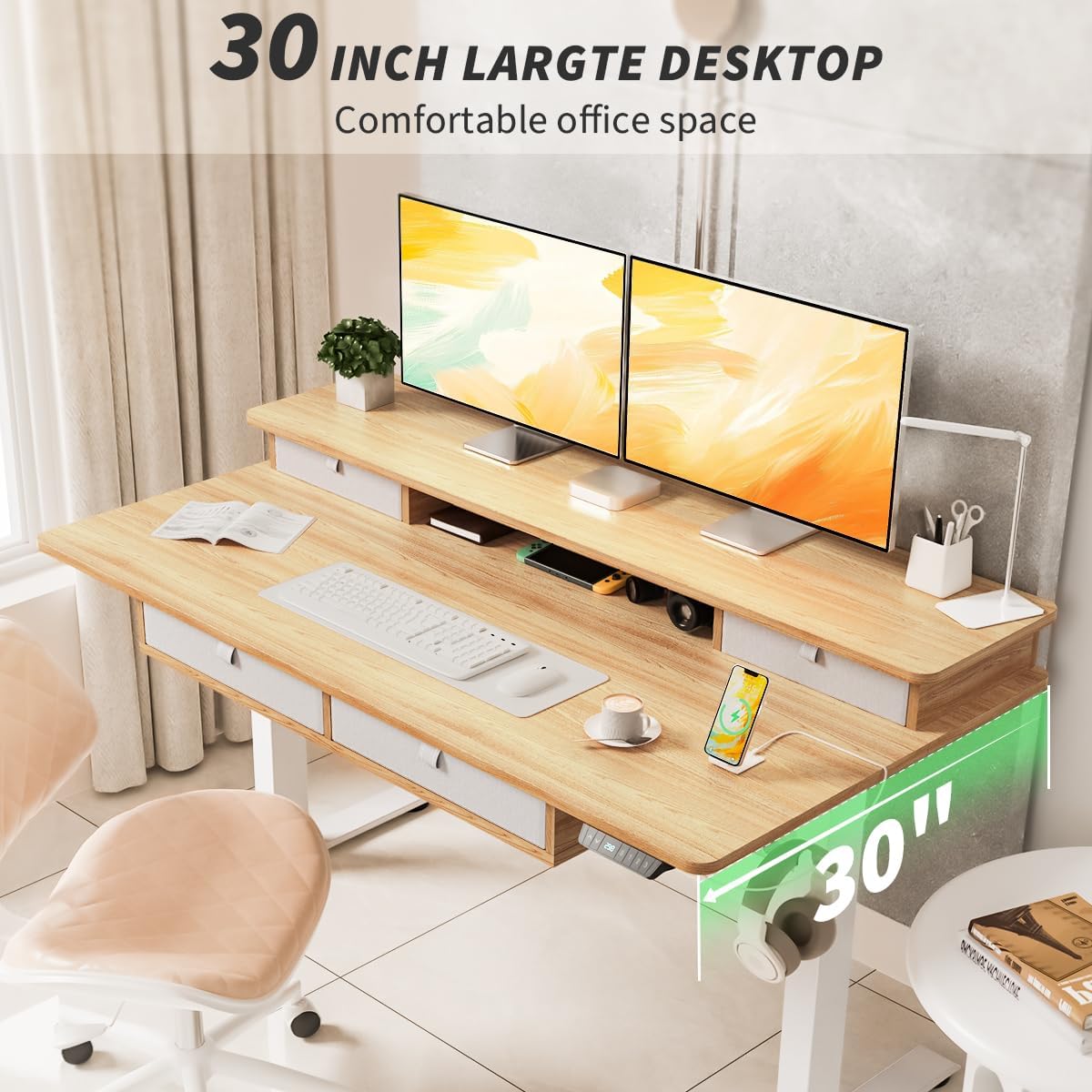 Standing Desk with Fast Charging USB Ports, 55" x 30" Height Adjustable Home Office & Gaming Desk, Sit Stand Desk with Built-in Storage Shelf, Hook & Ergonomic Design(Maple)