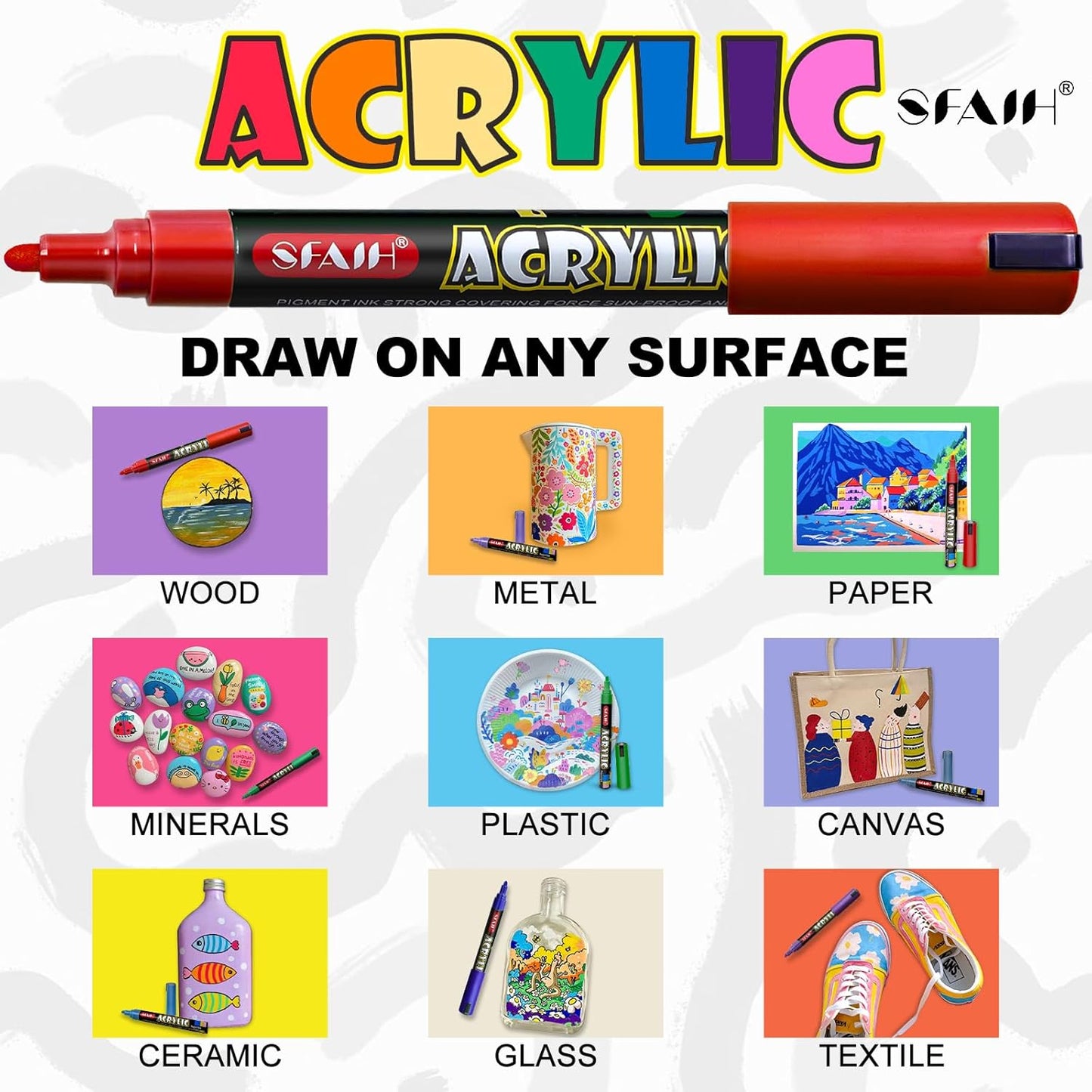 SFAIH Halloween Gifts Acrylic Creative Markers Set of 48 with Organizer, 3mm Medium Tips - 48 Colors, Waterproof, Fast Drying, Gift for Kids and Adults - Art Supplies, Fabric Paint, Rock Painting