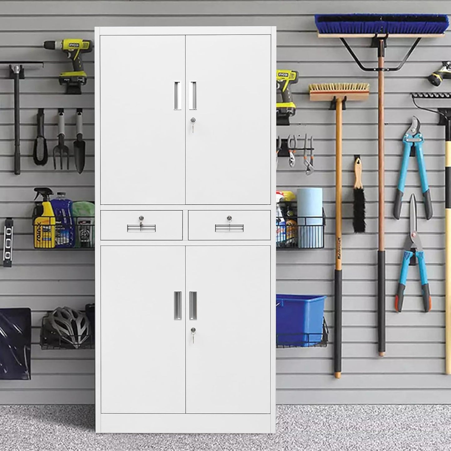 BESFUR Metal Storage Cabinet, Locking Storage Cabinet with Drawers and Adjustable Shelves for Garage, Office, Classroom - White
