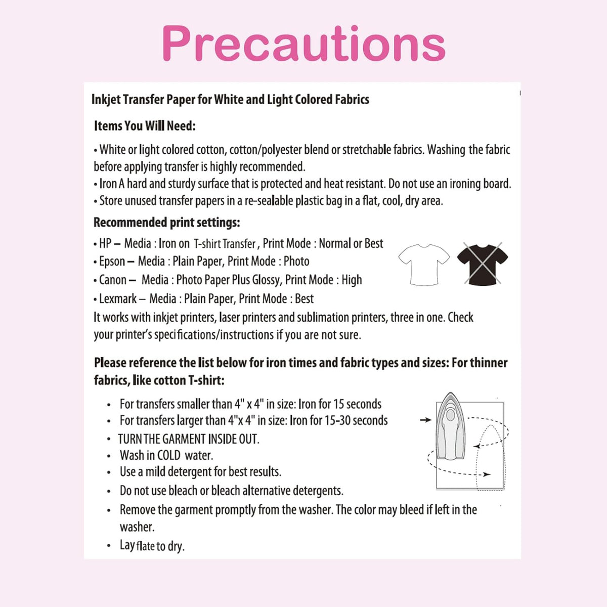 Heat Transfer Paper for Inkjet & Laserjet Printer (20 Sheets 8.5"x11", Light 3.0), Wash Durable, Long Lasting Printable HTV Infusible Ink Transfer Sheets, Vinyl Iron on Fabric Printer Paper