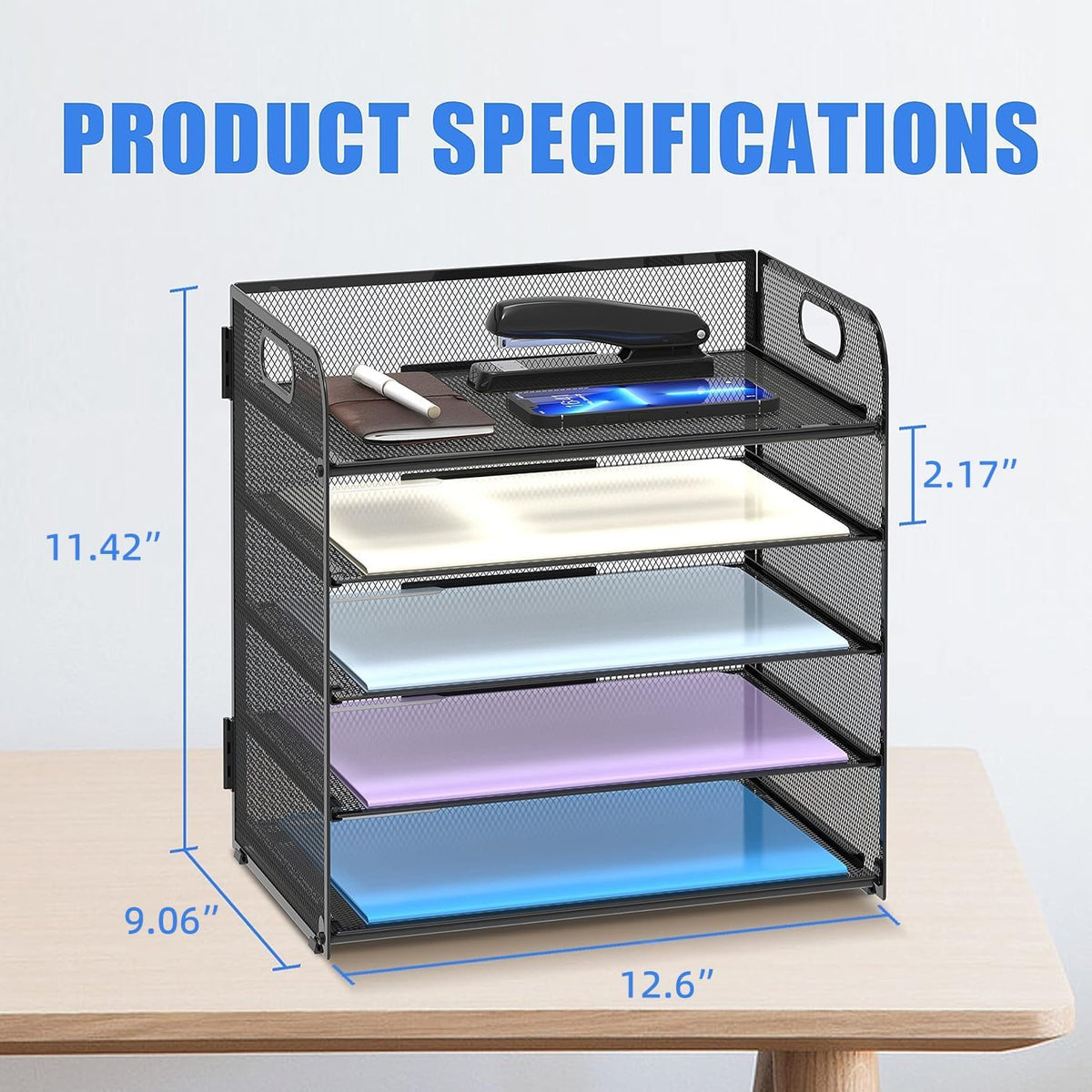 2 Pack 5-Tier Desk Organizer with Handle Mesh Desk File/Paper Organizer Letter Tray for Office, School and Home Easy Installation, Black