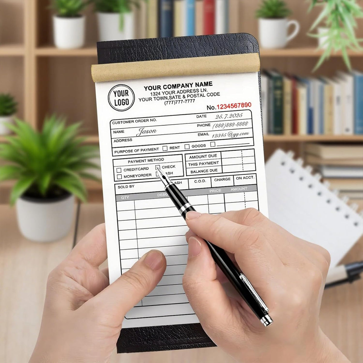 Custom Sales Invoice Personalized Carbonless NCR Forms with Company Name/Logo Personalized Invoice, Receipt Book, Work Sales Purchase Orders, Estimates, Quote Forms 8.5" x 7" - 2 Part(100 Sets)
