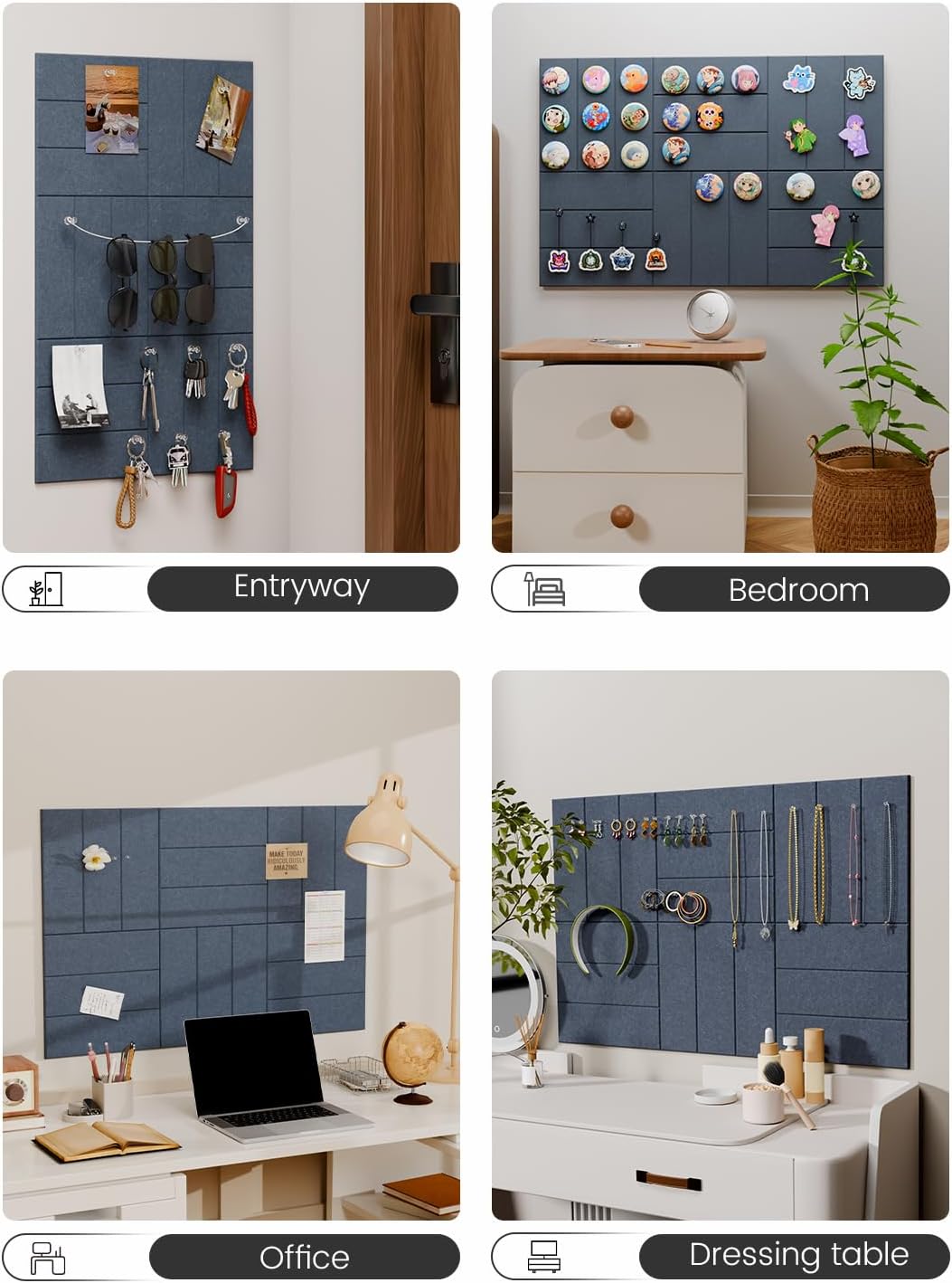 Felt Bulletin Board Tiles -28"x18" with 40 Adhesive Tabs, Cork Board Alternative for Office Decor, Push Pin Board Wall Organizer 6-Pack(Deep Charcoal Blue)