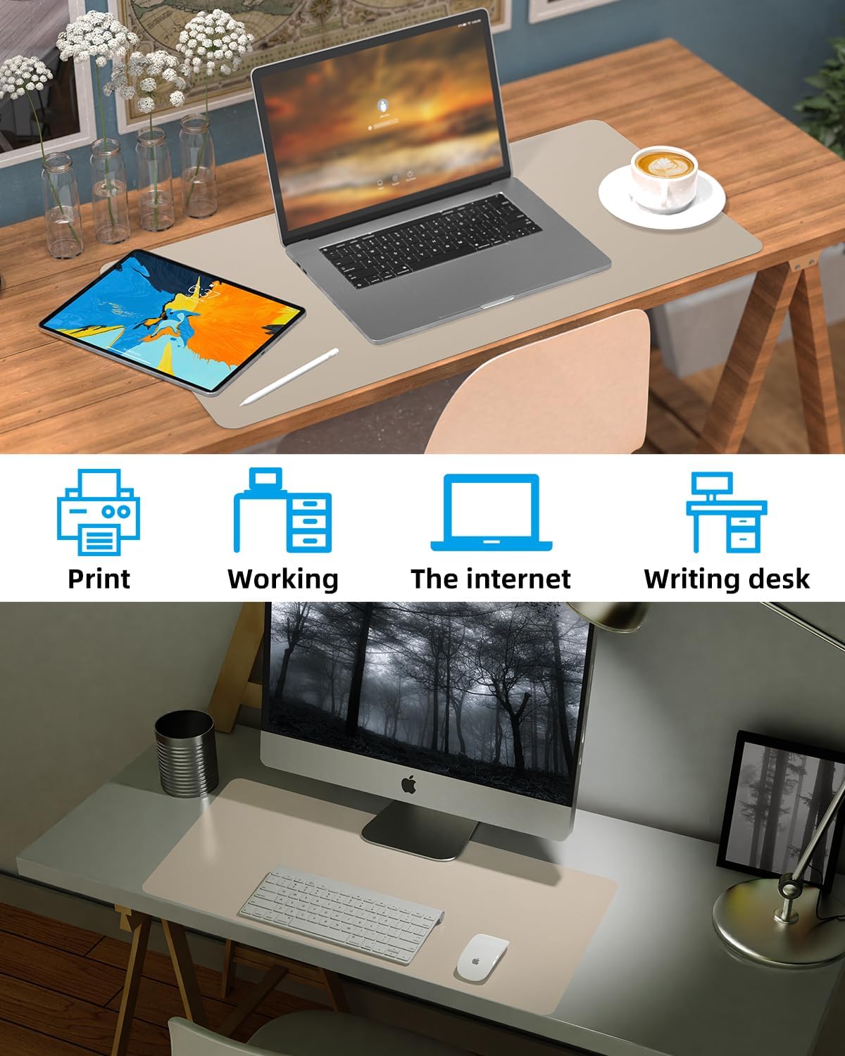 Non-Slip Desk mat,PULeather Desk Pad Protector, Office Desk Mat, Large Mouse Pad,Desk Blotter, Laptop Desk Pad, Waterproof Desk Writing Pad for Office and Home (Apricot, 35.4" x 17")