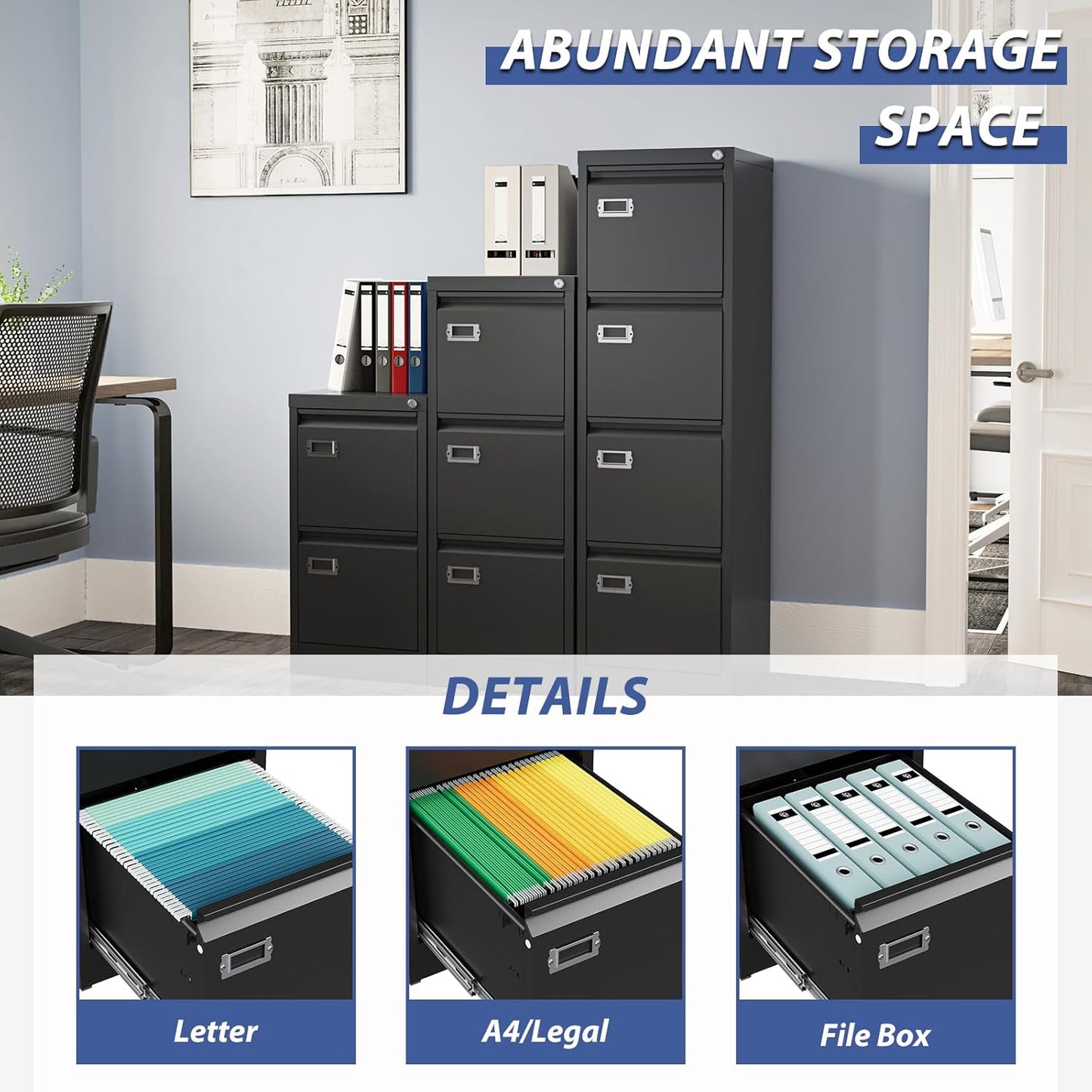 2 Drawer File Cabinet, Filing Cabinets for Home Office, Metal Vertical File Storage Cabinet with Lock, Locking File Cabinet for A4 Legal/Letter, 15.1" W x 17.7" D x 28.7" H, Assembly Required