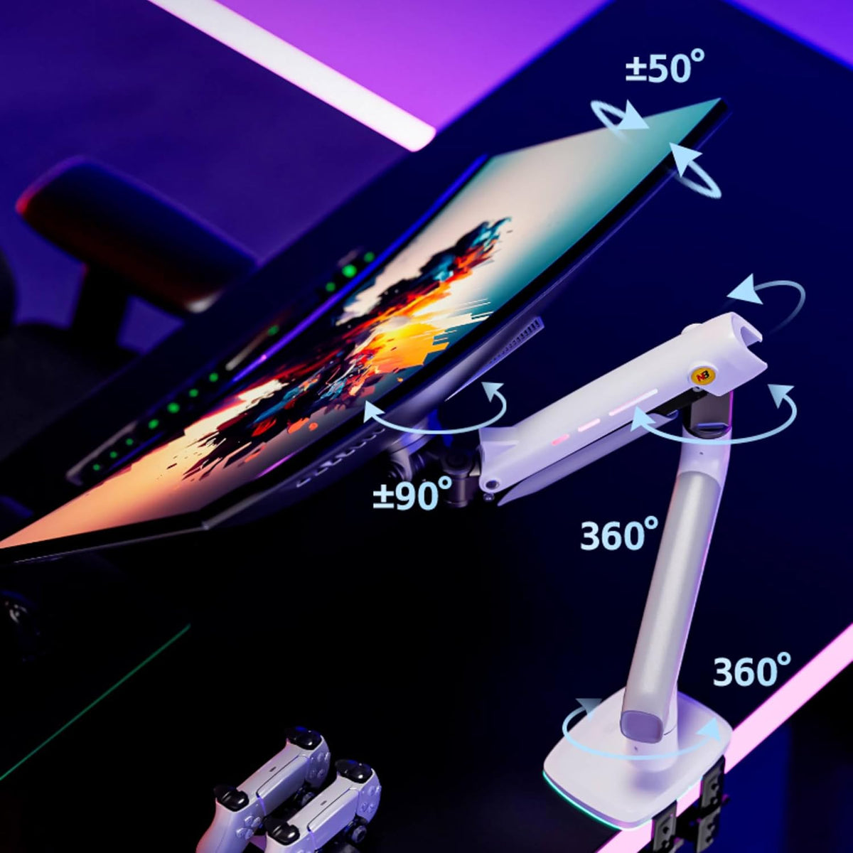 NB Gaming Monitor Arm or for 32 to 60 Inches Screen, Load up to 20 kg, VESA 75/100, RGB-Light, Heavy Duty, Multi Angle Adjustable, Premium Aluminum, White