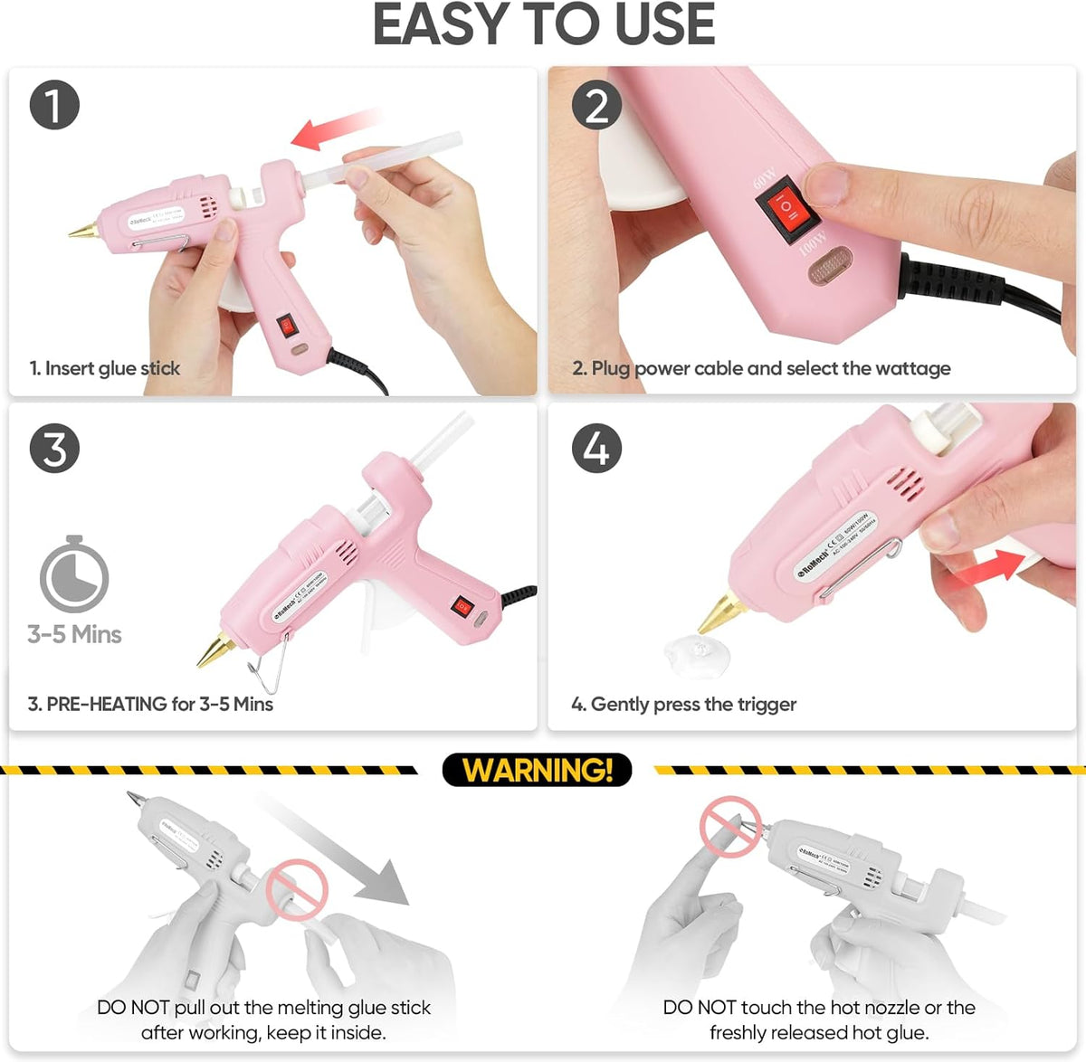 ROMECH Full Size Hot Glue Gun with 60/100W Dual Power and 21 Hot Glue Sticks (7/16"), Fast Preheating Heavy Duty Industrial Gluegun with Storage Case for Crafting, DIY and Repairs (Pink)