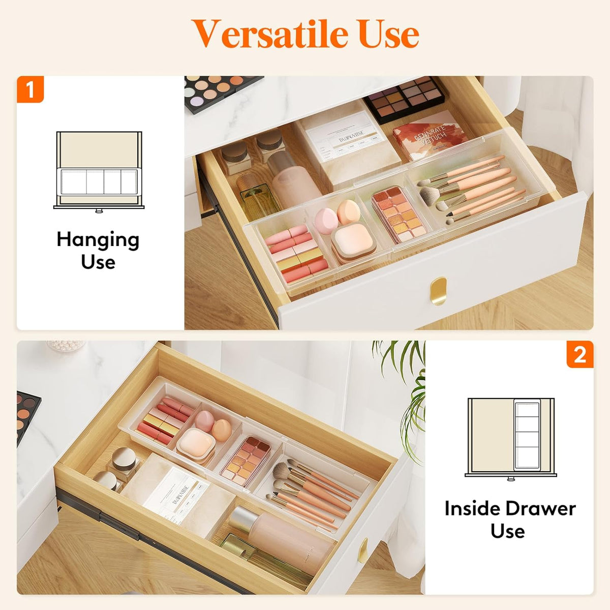 Lifewit 2 Pack Sliding Makeup Drawer Organizer Trays with Inserts, Extendable Hanging Desk Drawer Divider, Fits 13-20" Deep Drawers for Vanity, Office, Kitchen, Translucent