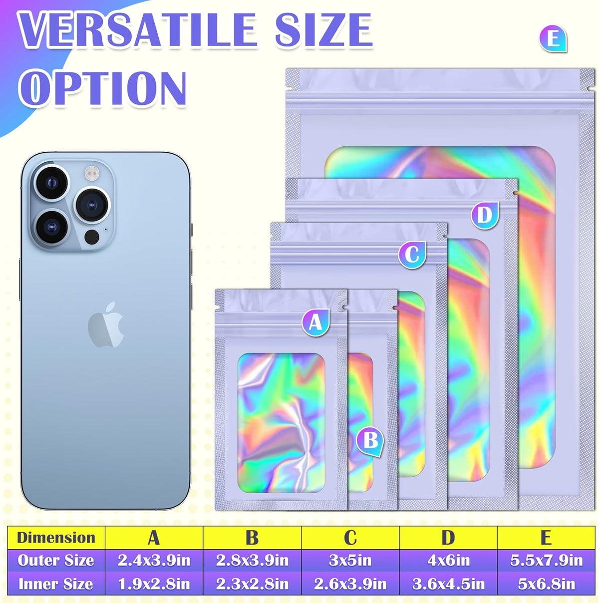100 Pcs Mylar Bags, Smell Proof Bags Foil Pouch, Holographic Resealable Bags for Small Business, Candy Sample Jewelry Bag Sealable Packaging for Party Favor Food Storage (2.4x3.9in-Purple)