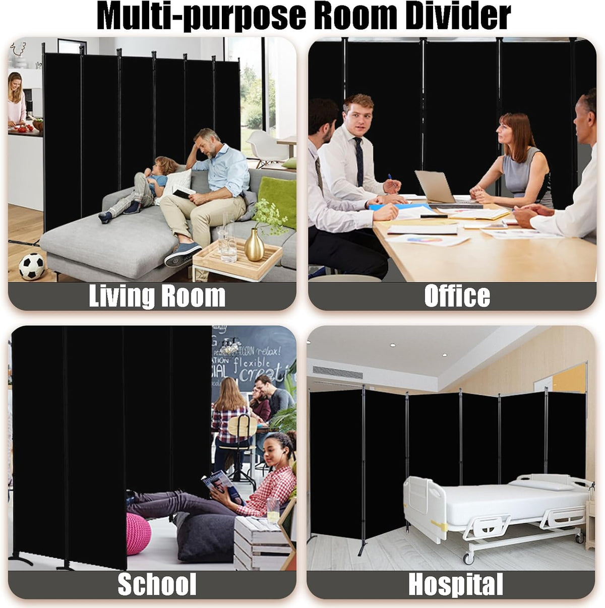 Room Divider-6 Panels Black Folding Privacy Screens, 6 ft Partition Room Dividers Wall for Separation, Home, Office, Classroom, Studio