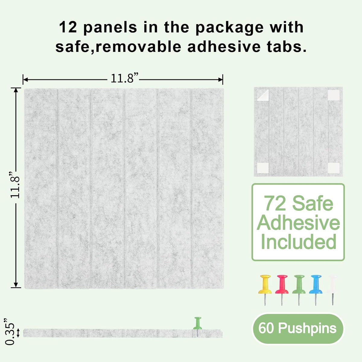 12 Pack Large Cork Board for Walls, Slat Wall Paneling, 48" X 36" Felt Bulletin Board Tiles with Safe Removable Adhesive Tabs & Push Pins, Pin Board Cork Board Wall Organizer for Office - Light Grey