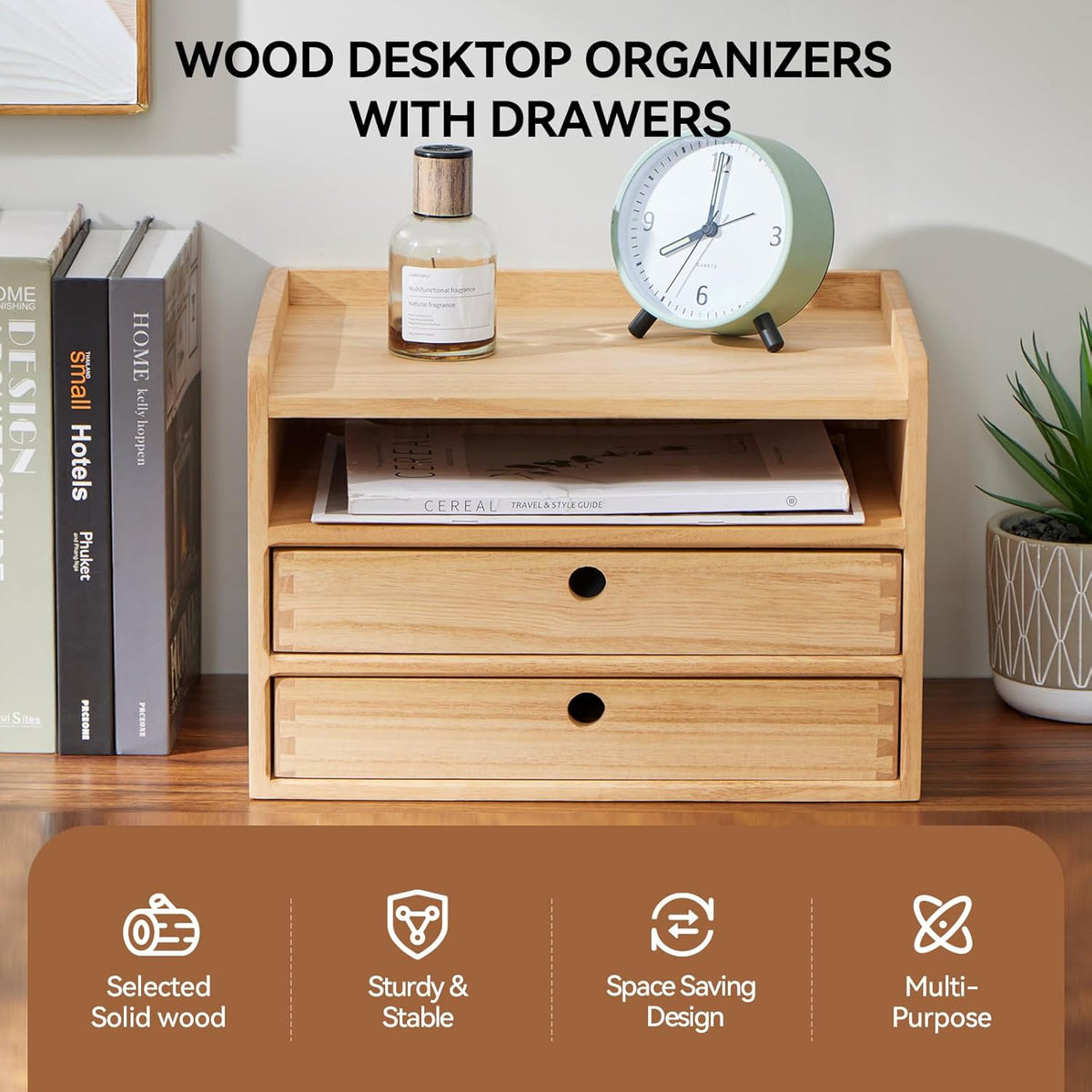 KIRIGEN Desktop Organizer with 2 Drawers and Tray - Wood Office Desk Storage Shelf for Office Supplies - Small Cabinet for Countertop Accessories Storage 3 Layer Natural(DT3D2C-NA)