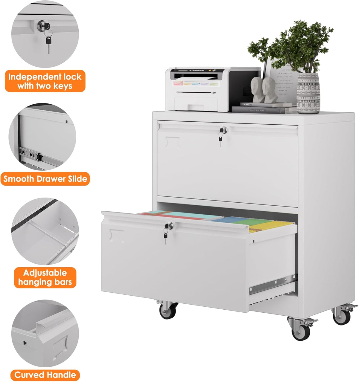 Aobabo Metal 2 Drawer Lateral File Mobile Cabinet with 2 Lock, File Cabinet with Wheels and Adjustable File Bars for Office,Home, for Letter/Legal Size,White, Assembly Required
