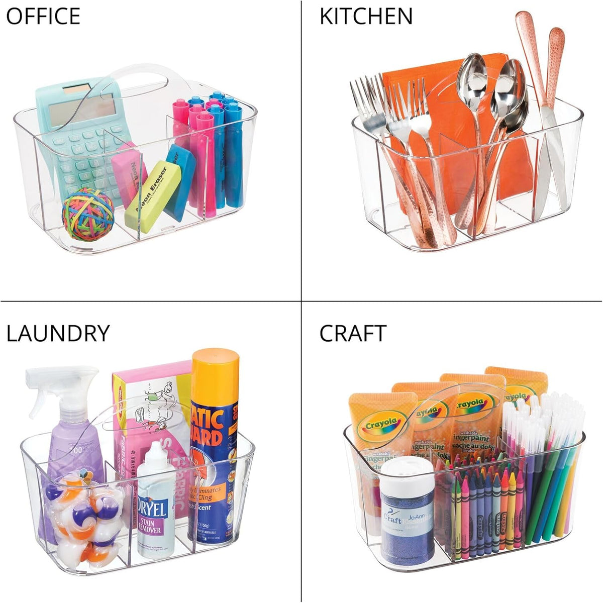 MetroDecor mDesign School Supplies Desk Organizer Tote for Scissors, Pens, Pencils, Notepads, Markers, Highlighters, Tape - Small, Clear