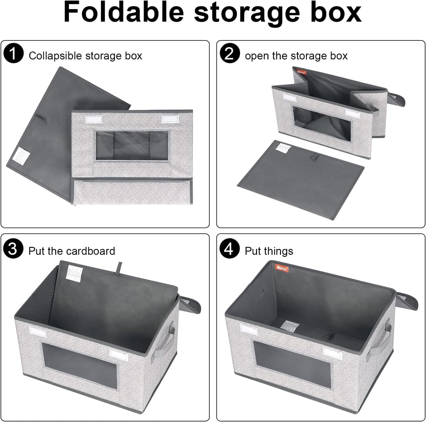 Univivi [4-Pack Fabric Storage Boxes Collapsible Storage Bins with Lids and Handles Cube Organizer Basket for Home, Closet, Bedroom (Gray, 14.4''x10''x8.3'')